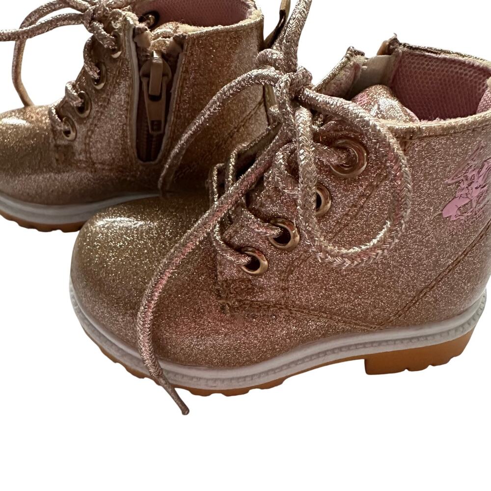 Beverly Hills Polo Club Gold Glitter Ankle Combat Boots Pink Logo Size 5